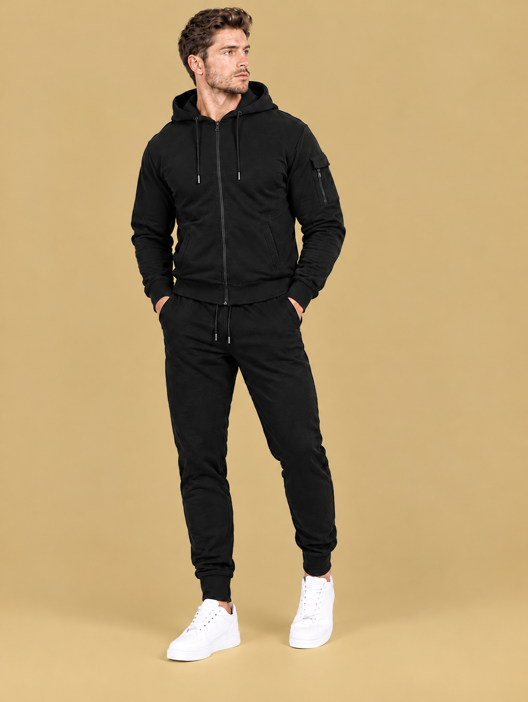 Men’s Full-Zip Hoodie & Cargo Jogger Tracksuit Skin Beige