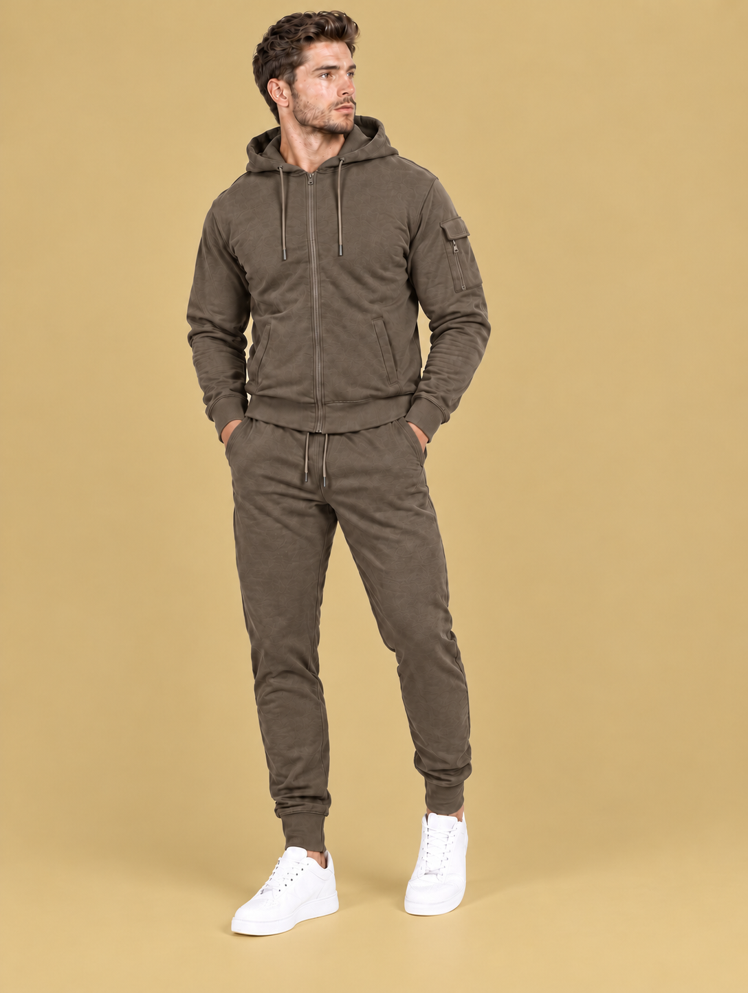 Men’s Mouse Brown Full Zip Hoodie & Cargo Joggers Tracksuit Set
