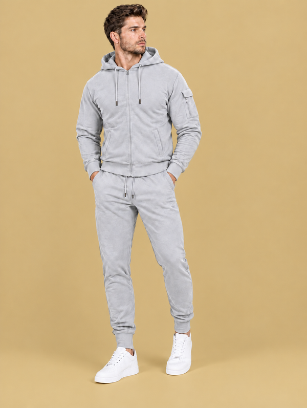 Men’s Silver Grey Full Zip Hoodie & Cargo Joggers Tracksuit Set