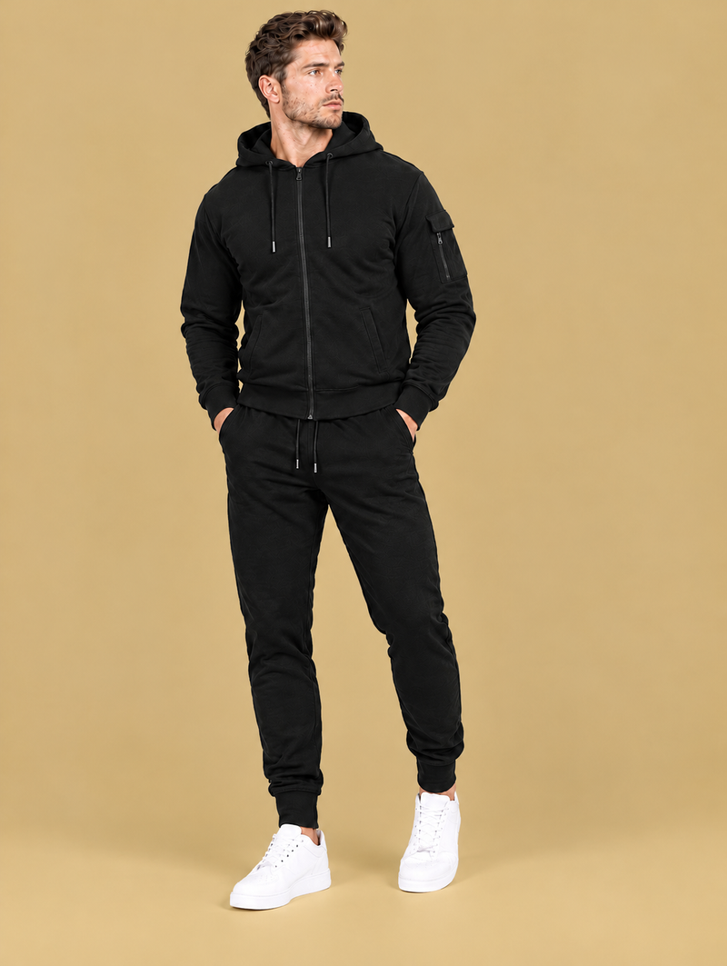Men’s Black Full Zip Hoodie & Cargo Joggers Tracksuit Set