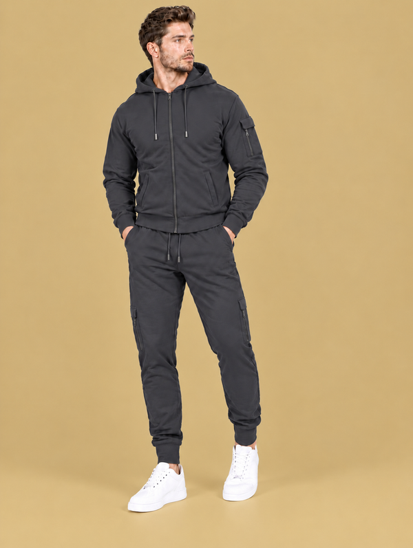 Men’s Full-Zip Hoodie & Cargo Jogger Tracksuit  Gun Metal