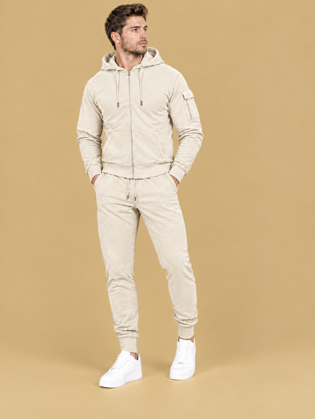 Men’s Full-Zip Hoodie & Cargo Jogger Tracksuit Skin Beige